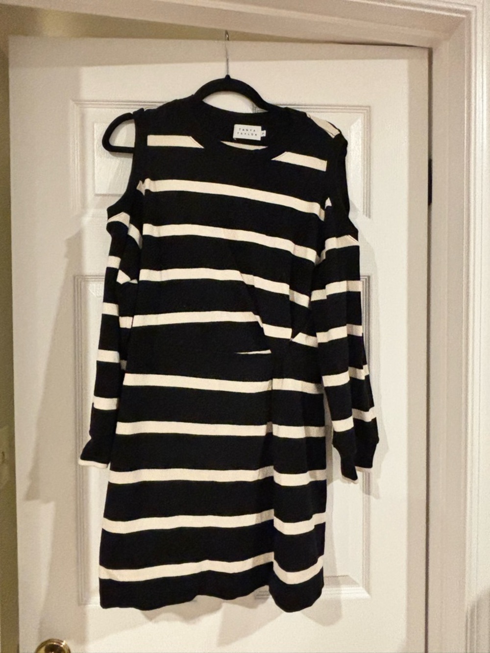 Tanya Taylor Black & Cream Striped Cold Shoulder Sweater Dress | Size 2X